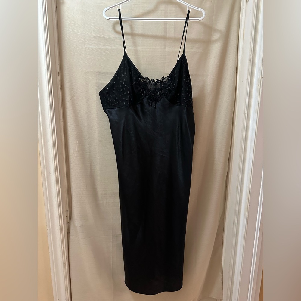 Vintage 90s Val Mode Black Satin Lace Slip Dress | Lingerie Nightgown XL